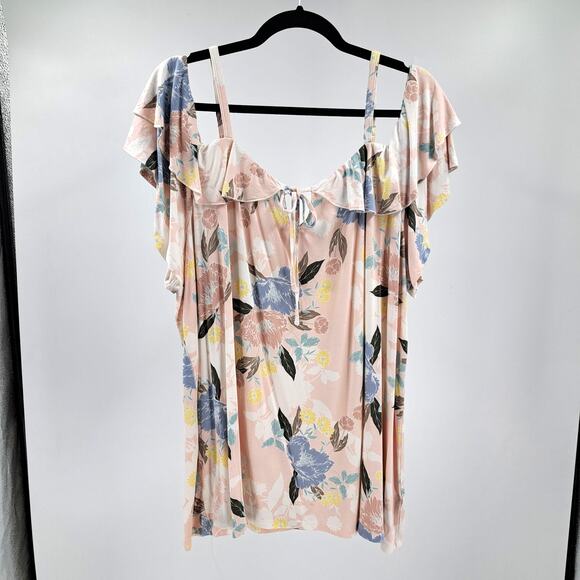 Torrid Top Plus 3X Floral Super Soft Cold Shoulder Ruffle Flutter Sleeve Peach‎ - Picture 4 of 9
